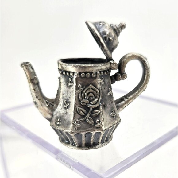 Vintage Pewter Silver Miniature Teapot Figurine With Rose Design Operable je197 - Picture 2 of 7